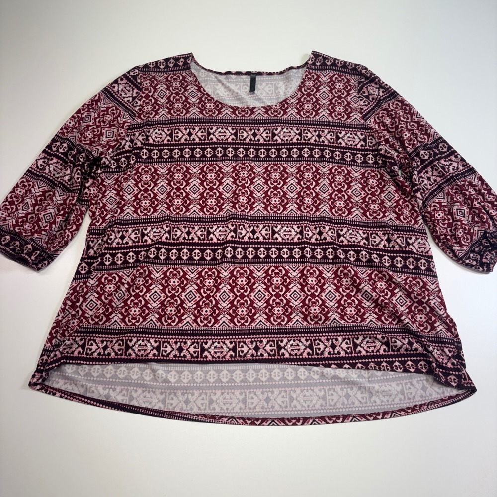 Forever Jade 3X USA Burgundy Pink Geometric Boho Peasant Blouse Plus Size
